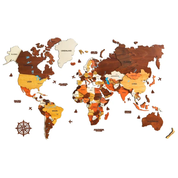 Classic Wooden World Map – Handmade 3D Layer Art